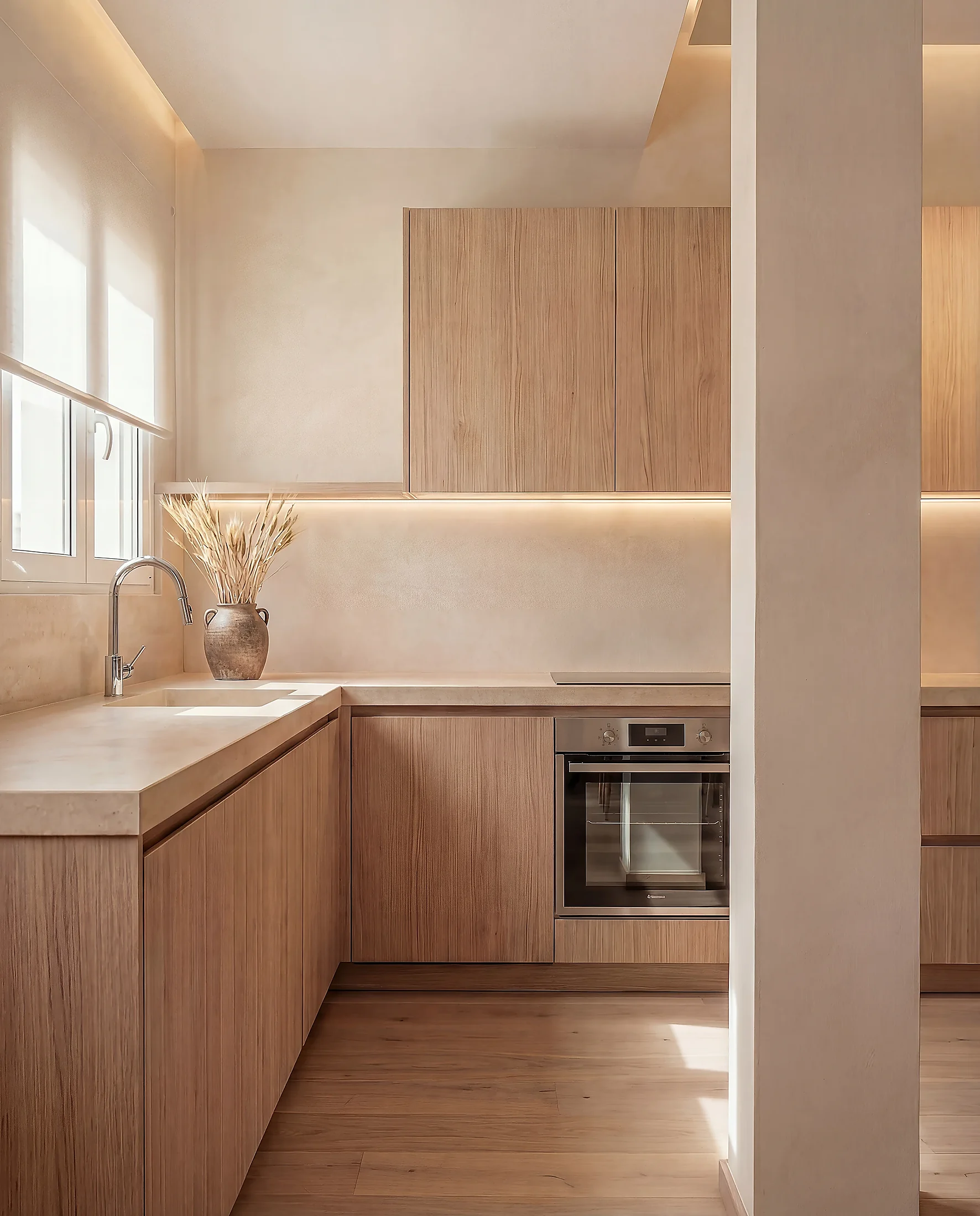 Modern kitchen renovation in Sevilla. Light oak cabinets and custom storage by Puntoreforma